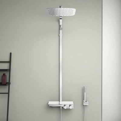 SISTEM DUS CERATHERM S200, TERMOSTATIC, ETAJERA STICLA ALBA, CAP DUS METALIC 30X20 CM, PARA DUS STICK METALICA